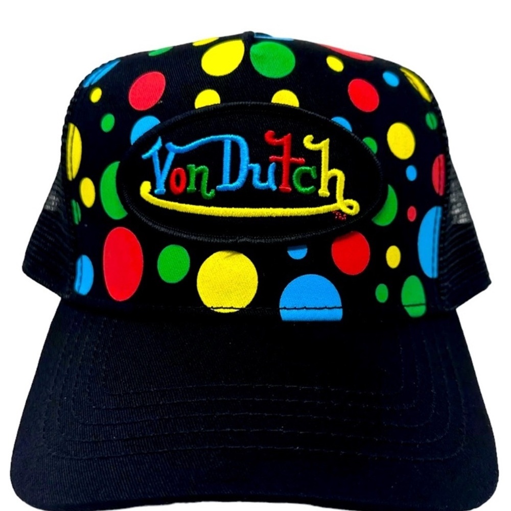 Von Dutch  Black Polka Dot Embroidered Logo Patch Snapback Mesh Cap-NWT